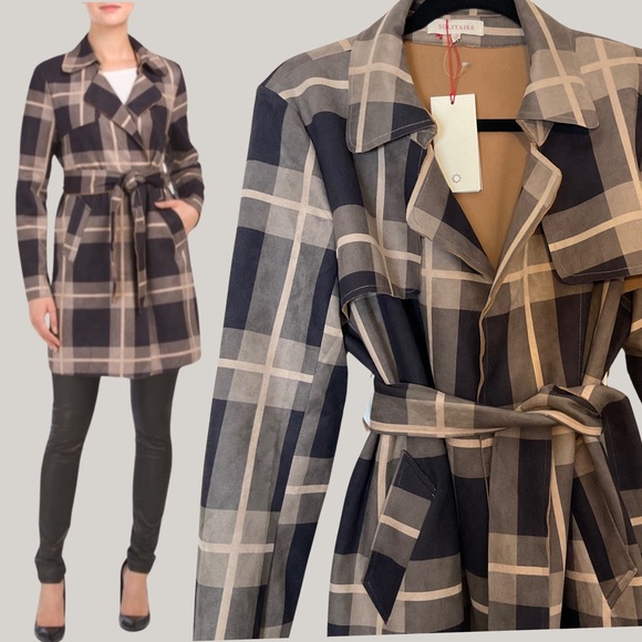 Solitaire Jackets & Blazers - Solitaire | Belted Plaid Jacket | Brown | Faux Suede | Trench | NWT | Large